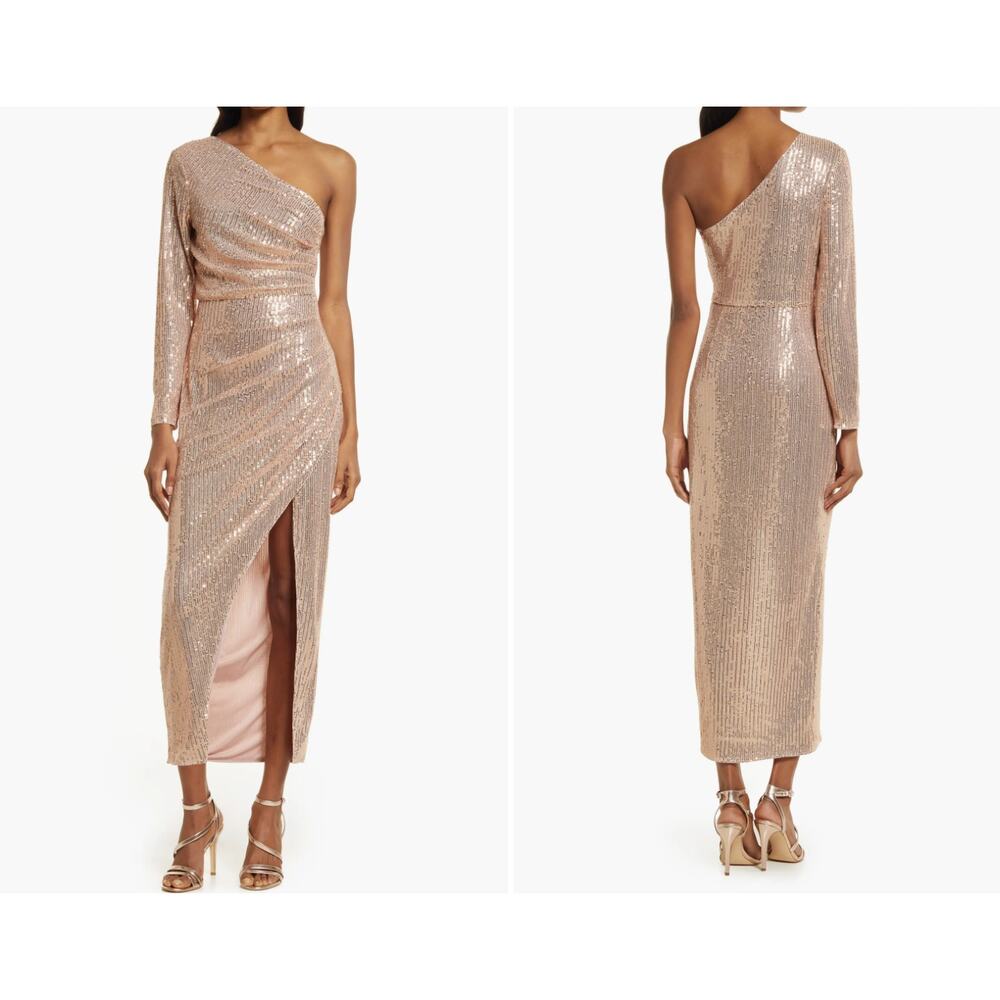 Elle Zeitoune Simone One Shoulder Sequin Dress Gold Size L‎